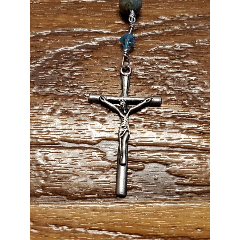 Handmade Blue Stone Christian Rosary with Metal Crucifix and Religious Medallion